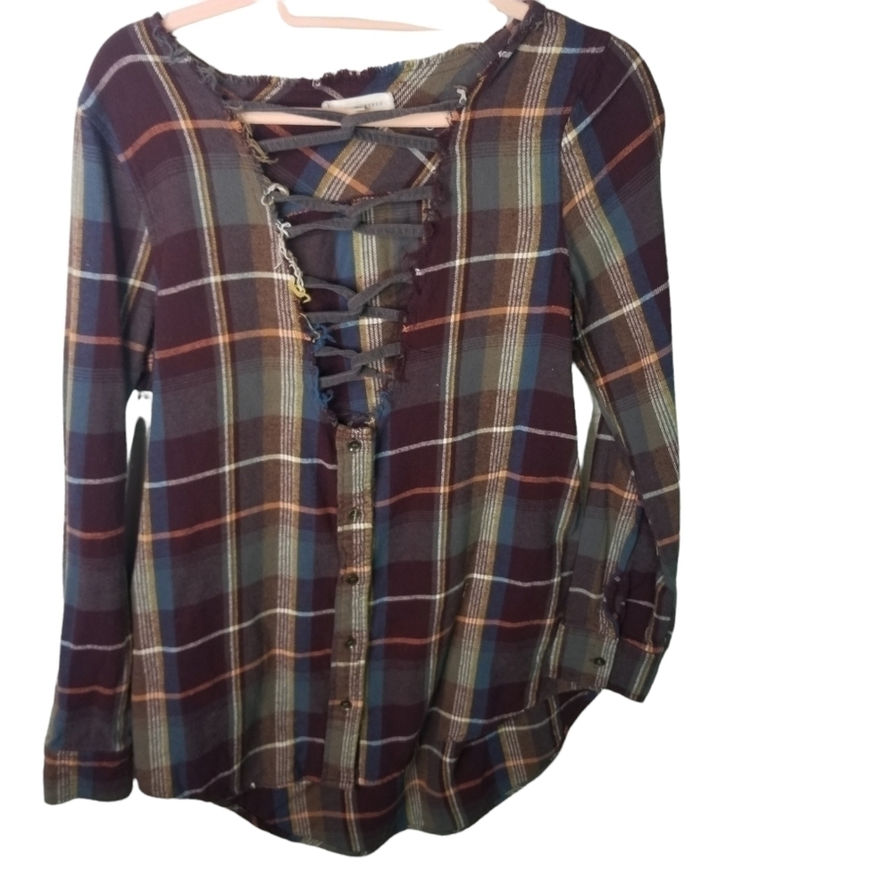 Gilded Intent plaid cut out flannel shirt